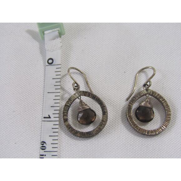 Smoky Faceted Gem Silver Tone Dangly Earrings 2 1/4" Ridges VTG Classic Oval - Picture 5 of 5